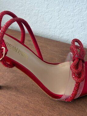 Red Rhinestone Bow Heels Women's Size 8 Ankle Strap Satin Sandals.  (CT)